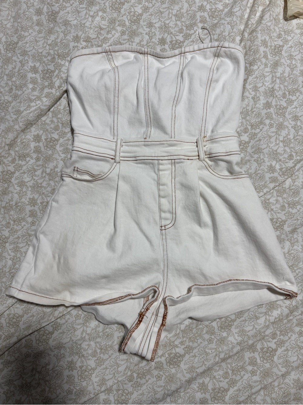 Le Lis Cream Strapless Denim Romper with Contrast Stitching